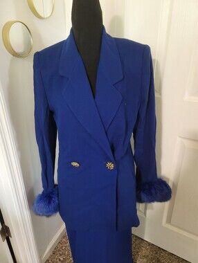 Lily & Taylor Women's Blue Double-Breasted Suit with Finland Fox Fur
